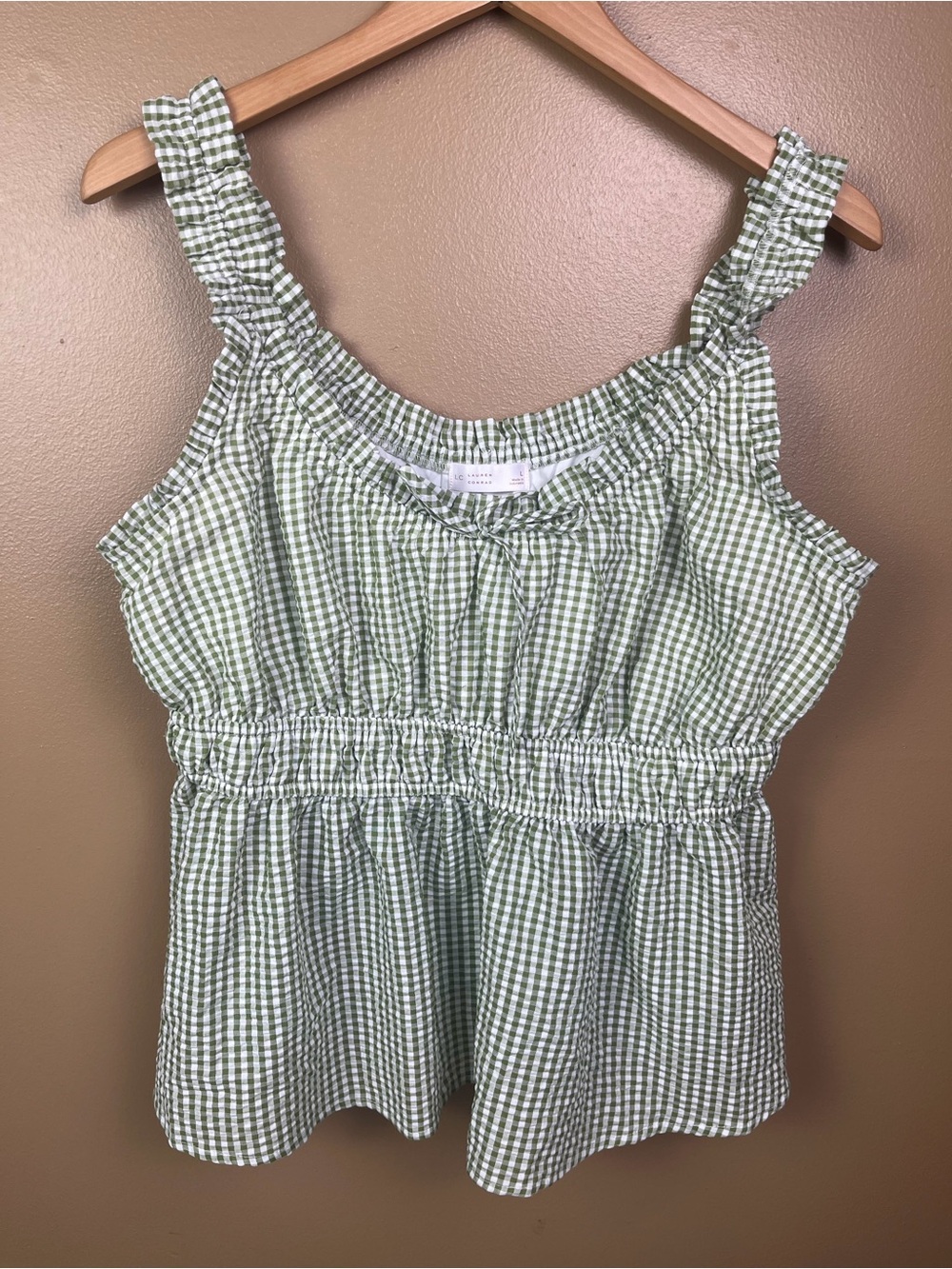 LC Lauren Conrad Green Gingham Smocked Tank Top Size Large